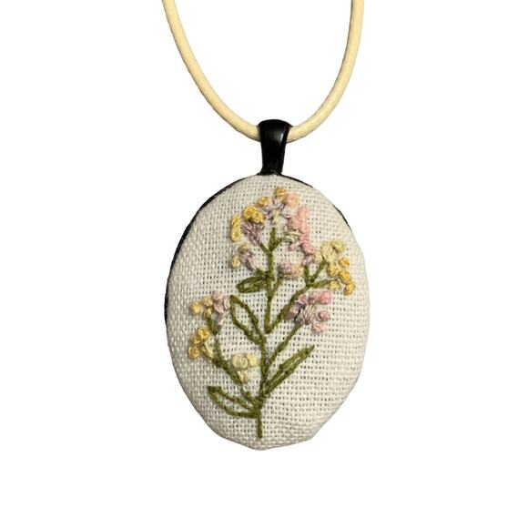 Delicate Wildflower Embroidery Necklace in Bezel - Handmade Jewelry - Picture 1 of 5